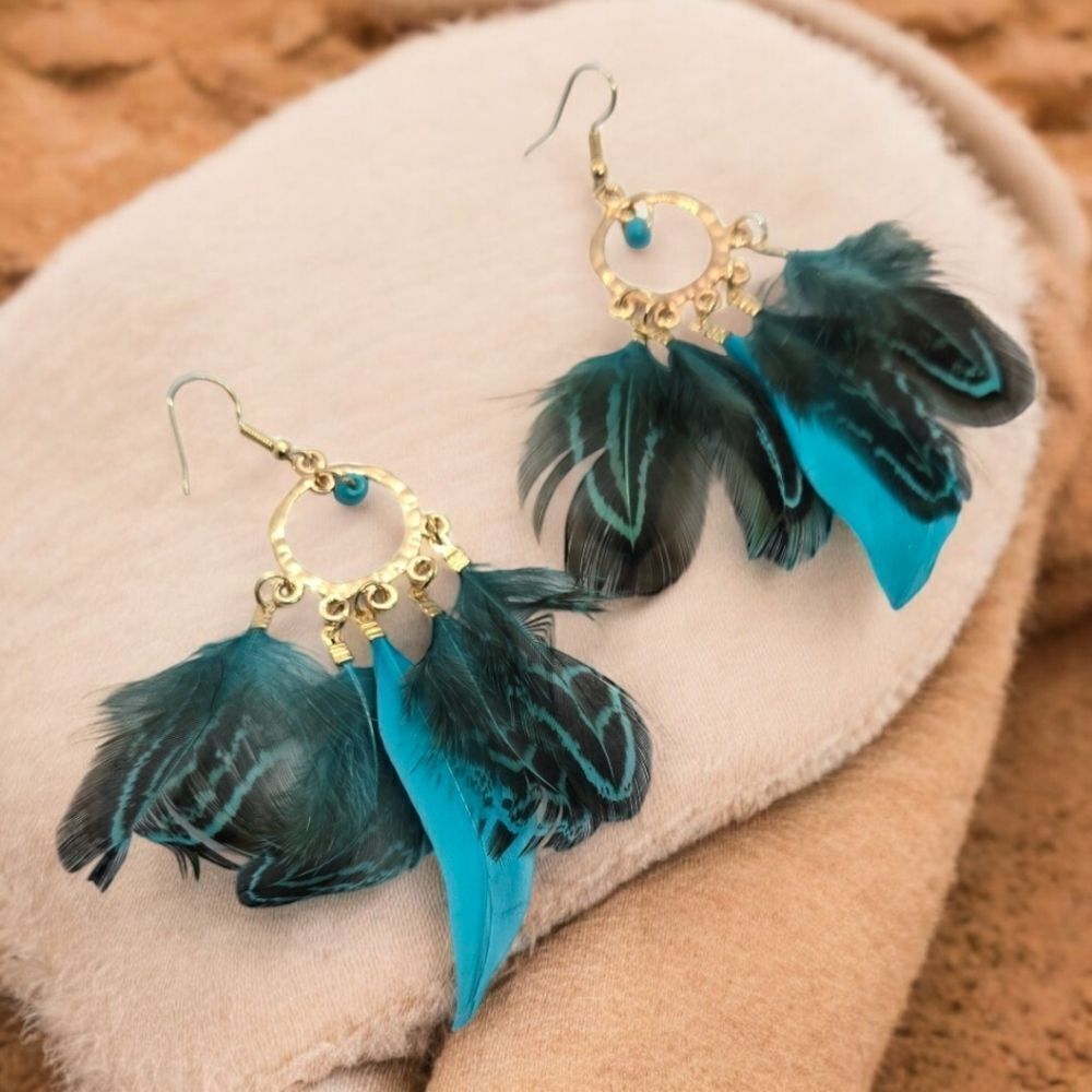 Teal Feather Tassel Earrings Boho Tribal Statement Western Gypsy Dangle Jewelry - Picture 2 of 5